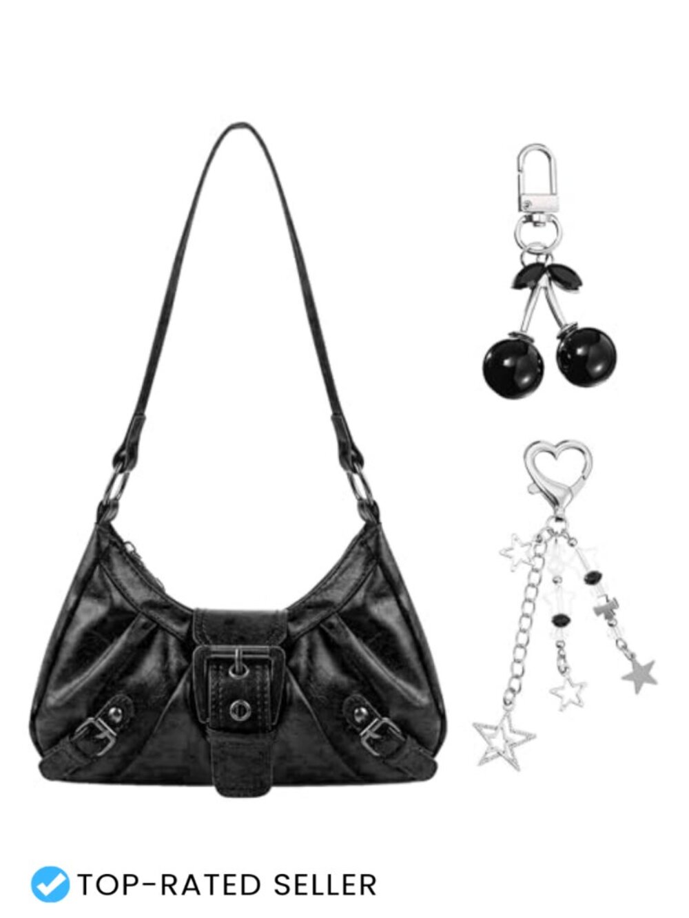 Y2K Gothic Purse with Cherry Star Keychain Leather Shoulder Bag